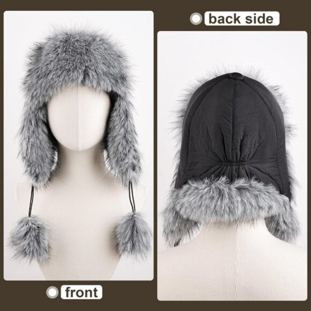 ⚡Women White Faux Fur Trapper Pompoms Warm Classic Ear Flaps Fuzzy Bobble Cap - Picture 3 of 6